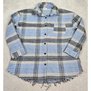 Buckle BKE Women's Flannel Shacket XS Blue Beige Black Plaid Fringed Heavyweight